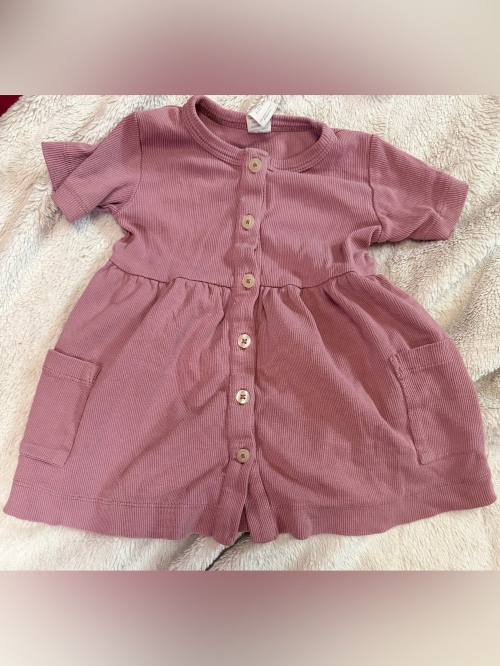 Dusty Pink Button-Front Ribbed Baby Dress
